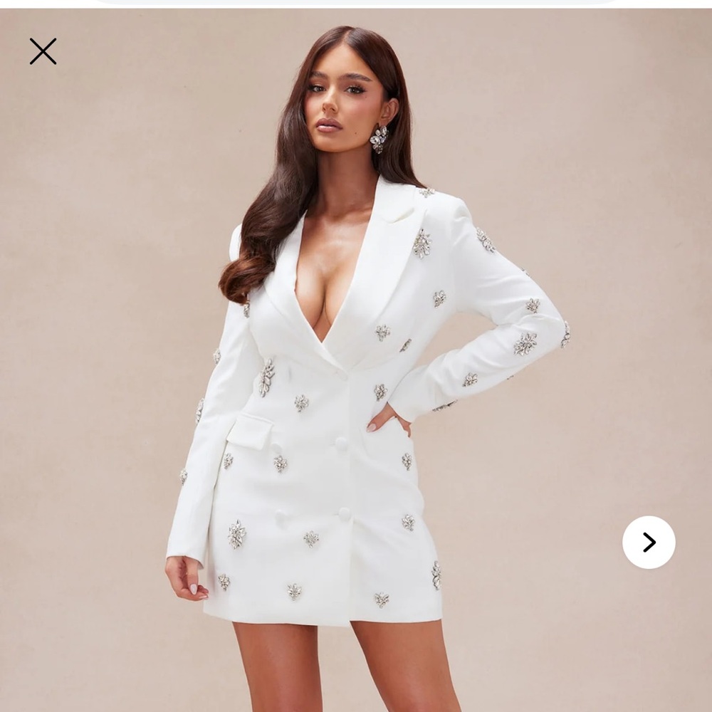 Elegant White Embellished Blazer Dress